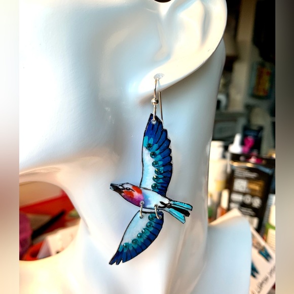 Handpainted lilac breasted roller bird earrings, sterling wires African birds - Picture 5 of 6